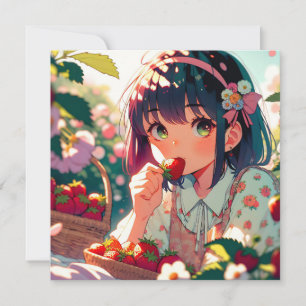 Cute Anime Girl Eating Strawberries   Summer Day