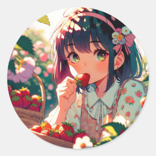 Cute Anime Girl Eating Strawberries   Summer Day Classic Round Sticker