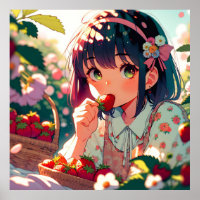 Cute Anime Girl Eating Strawberries | Summer Day