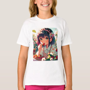 Cute Anime Girl Eating Strawberries   Summer Day T-Shirt