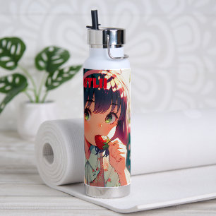 Cute Anime Girl Eating Strawberries Summer Day Water Bottle