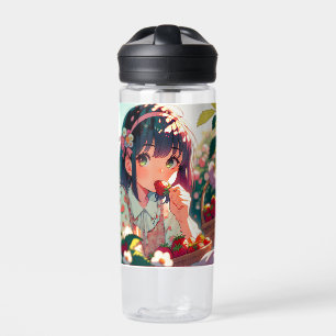Cute Anime Girl Eating Strawberries Summer Day Water Bottle