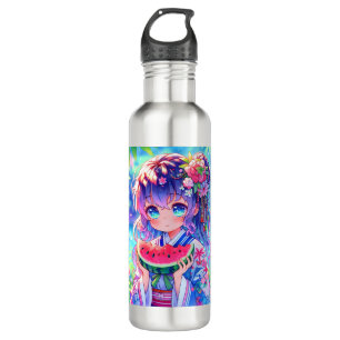Cute Anime Girl Eating Watermelon on a Summer Day 710 Ml Water Bottle