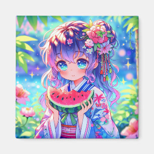 Cute Anime Girl Eating Watermelon on a Summer Day Magnet