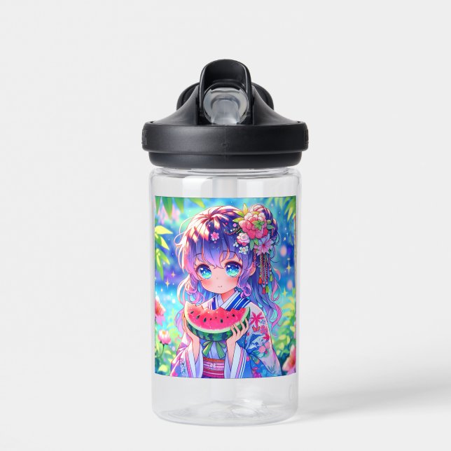 Cute Anime Girl Eating Watermelon on a Summer Day Water Bottle (Front)