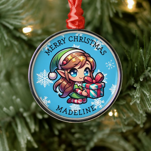 Cute Anime Girl Elf Personalized Christmas Metal Ornament (Tree)