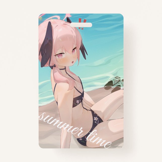 Cute anime girl enjoying summer time on the beach badge (Front)