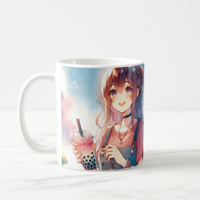 Cute Anime Girl Holding a Boba Tea Coffee Mug (Left)