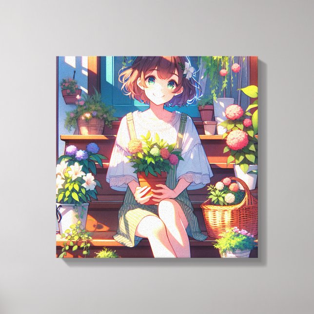 Cute Anime Girl holding a Plant  Canvas Print (Front)