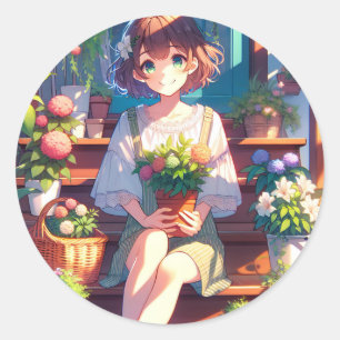 Cute Anime Girl holding a Plant Classic Round Sticker