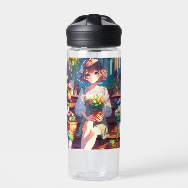 Cute Anime Girl holding a Plant Personalized Water Bottle (Front)