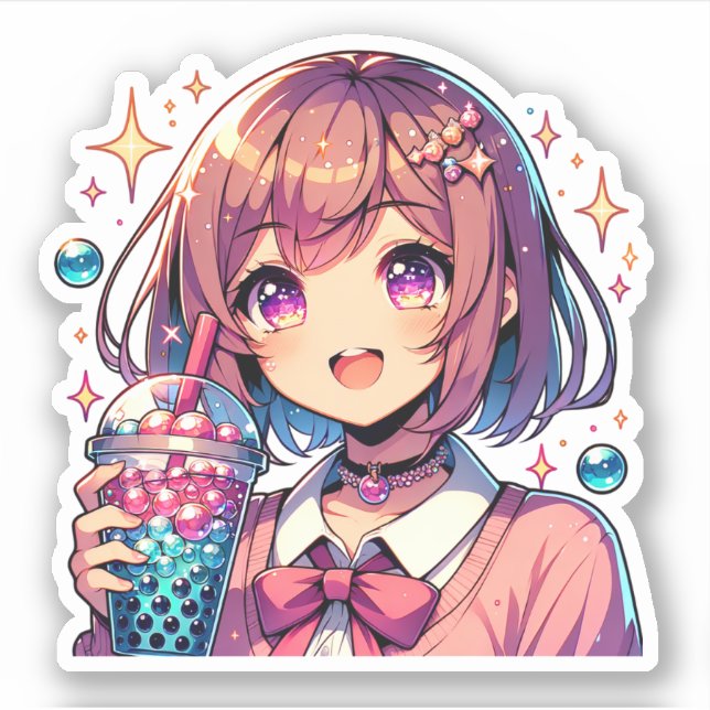 Cute Anime Girl Holding Bubble Tea (Front)
