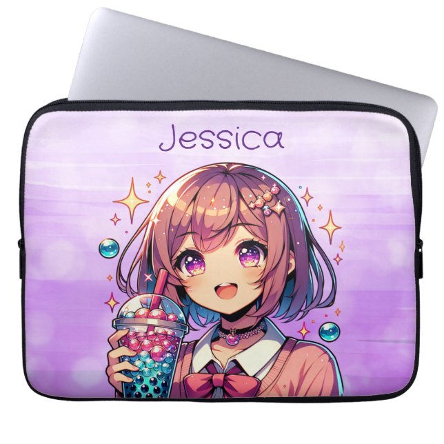 Cute Anime Girl Holding Bubble Tea Personalized Laptop Sleeve (Front)