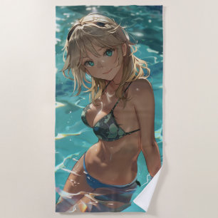 Cute anime girl in a pool beach towel