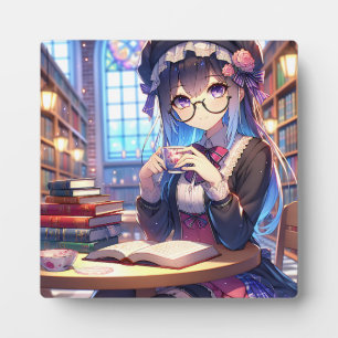 Cute Anime Girl in Glasses Reading Plaque