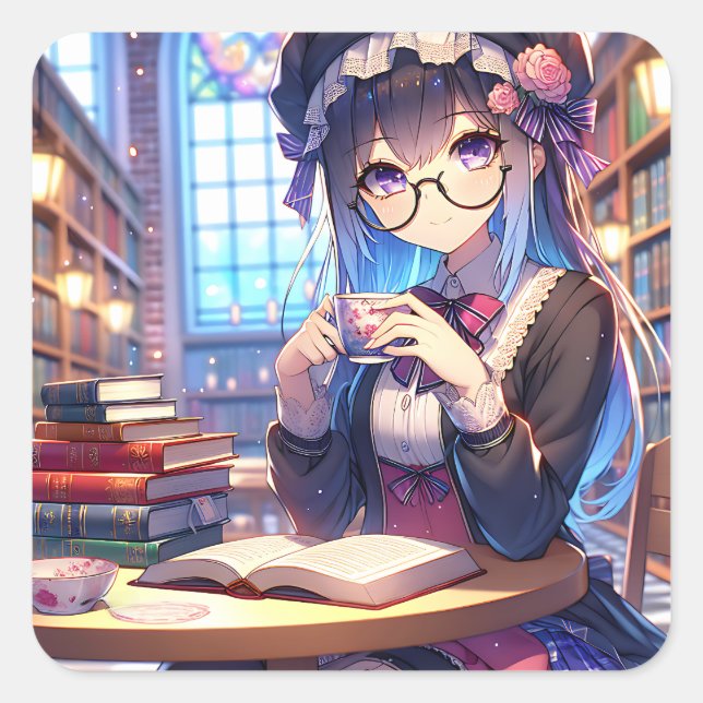 Cute Anime Girl in Glasses Reading Square Sticker (Front)