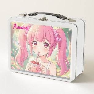 Cute Anime Girl in Pink Drinking Bubble Tea Metal Lunch Box