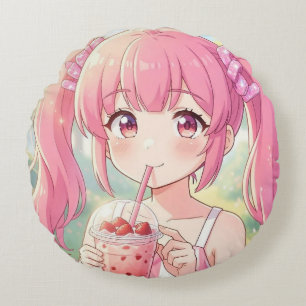 Cute Anime Girl in Pink Drinking Bubble Tea Round Pillow