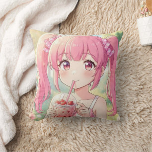 Cute Anime Girl in Pink Drinking Bubble Tea Throw Pillow