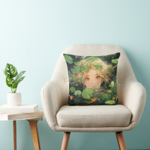 Cute Anime Girl in Pond Throw Pillow