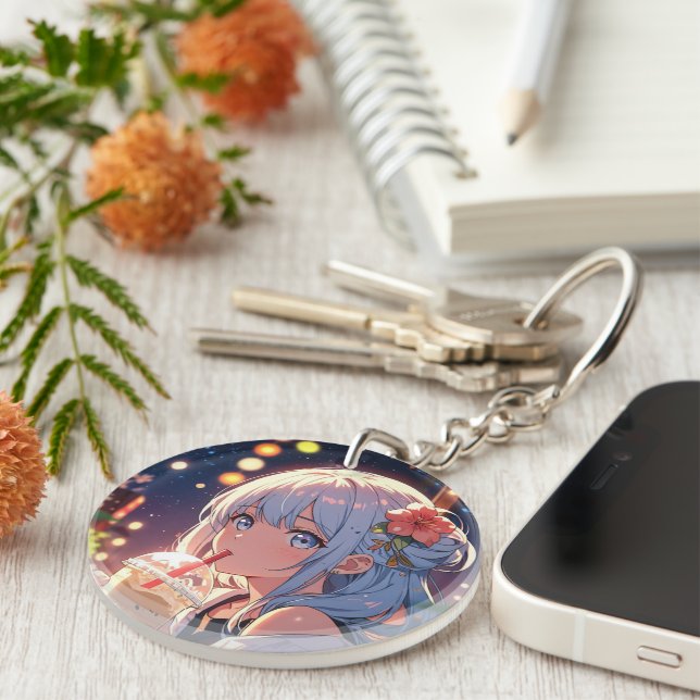 Cute Anime Girl Keychain – Boba Tea Lover Aestheti (Front Right)