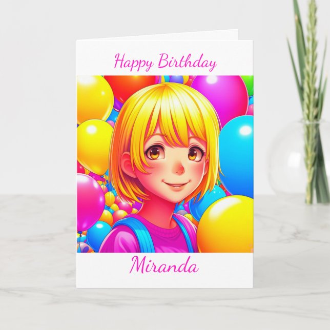 Cute Anime Girl Personalized Birthday   Card (Front)