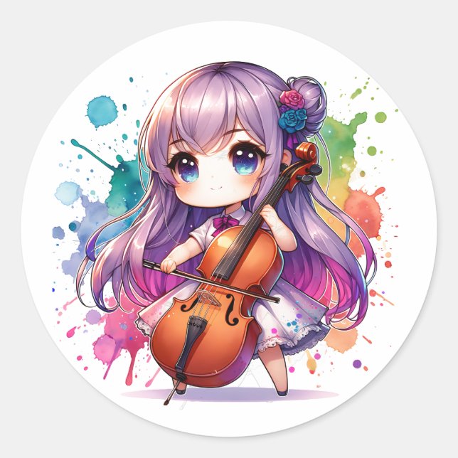Cute Anime Girl Playing Cello Classic Round Sticker (Front)