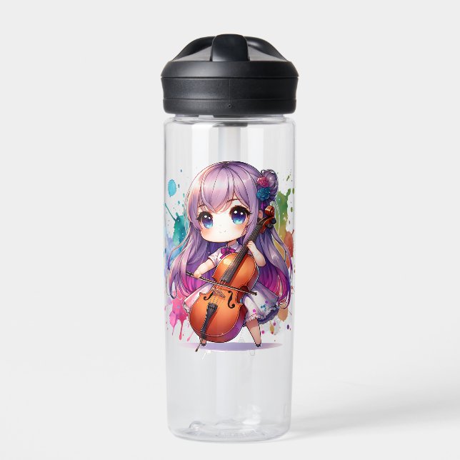 Cute Anime Girl Playing Cello Personalized Water Bottle (Front)