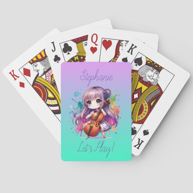 Cute Anime Girl Playing Cello Player Personalized Playing Cards (Back)