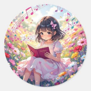 Cute Anime Girl Reading a Book Classic Round Sticker