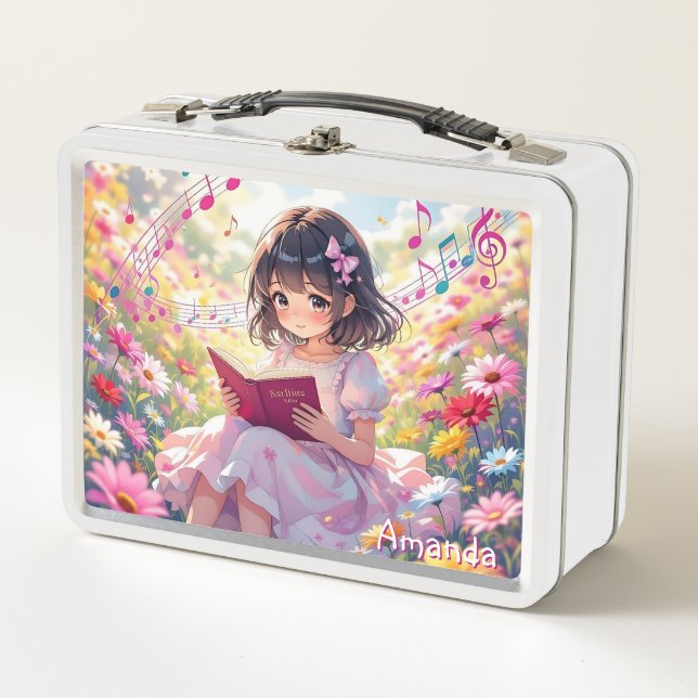 Cute Anime Girl Reading a Book Personalized Metal Lunch Box (Front)