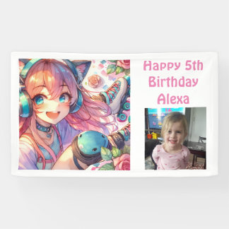Cute Anime Girl Roller Skating Birthday Party Banner