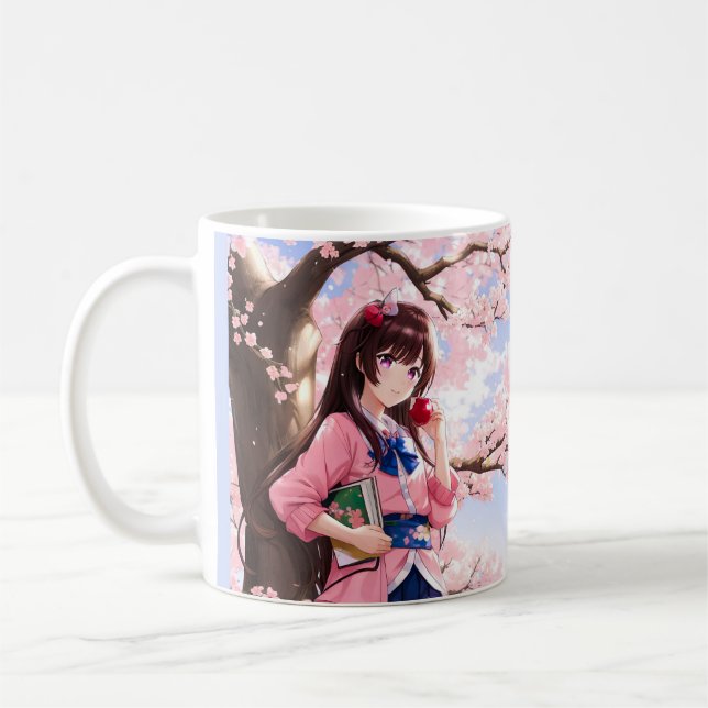 Cute Anime Girl Under A Cherry Blossom Tree Coffee Mug (Left)