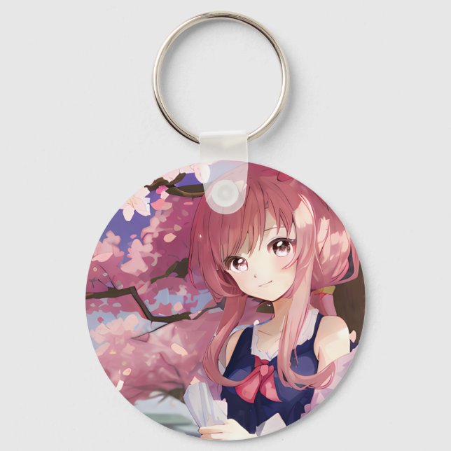 Cute Anime Girl Under A Cherry Blossom Tree Keychain (Front)