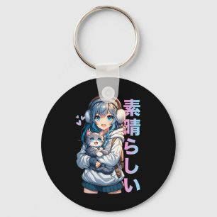 Cute Anime Girl With A Cat For Cat Lover Kawaii Ot Keychain