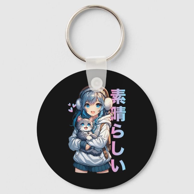 Cute Anime Girl With A Cat For Cat Lover Kawaii Ot Keychain (Front)