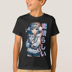 Cute Anime Girl With A Cat For Cat Lover Kawaii Ot T-Shirt