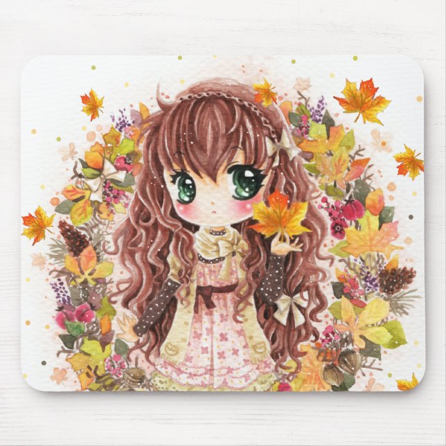 Cute anime girl with autumn leaves mouse pad (Front)