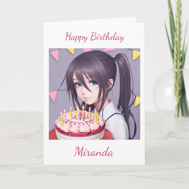 Cute Anime Girl with Birthday Cake Card (Front)