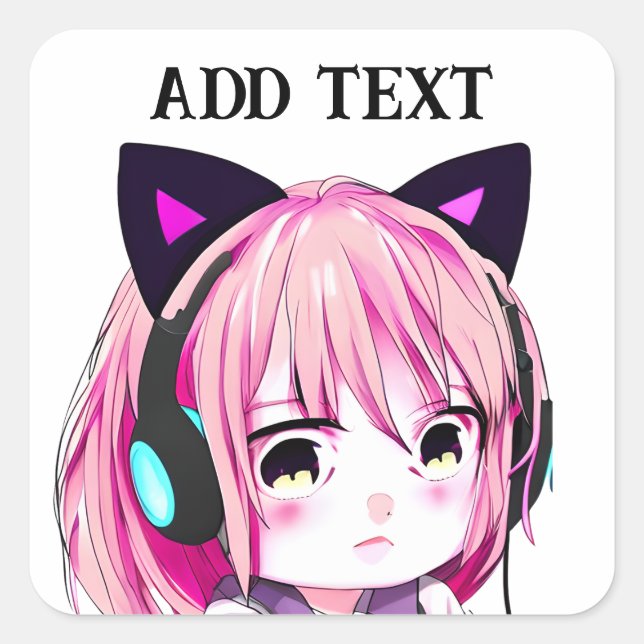 Cute Anime Girl with Cat Ears Square Sticker (Front)