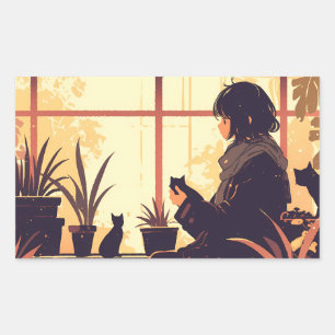 Cute Anime Girl with Cats Near Window Sticker