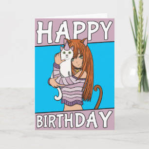 Cute Anime Girl With Cute Pet Card Birthday Card