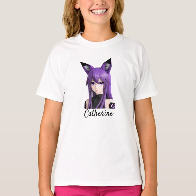 Cute Anime Girl with Fox Ears Personalized T-Shirt (Front)