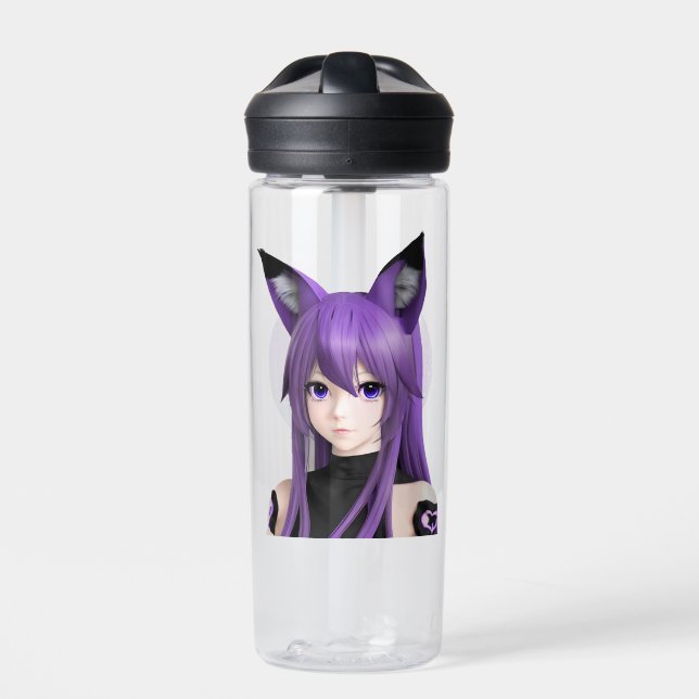Cute Anime Girl with Fox Ears Personalized Water Bottle (Front)