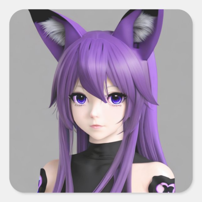 Cute Anime Girl with Fox Ears Square Sticker (Front)