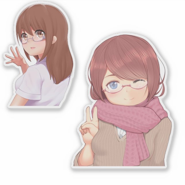 Cute Anime Girl with Glasses Aesthetic Sticker (Front)