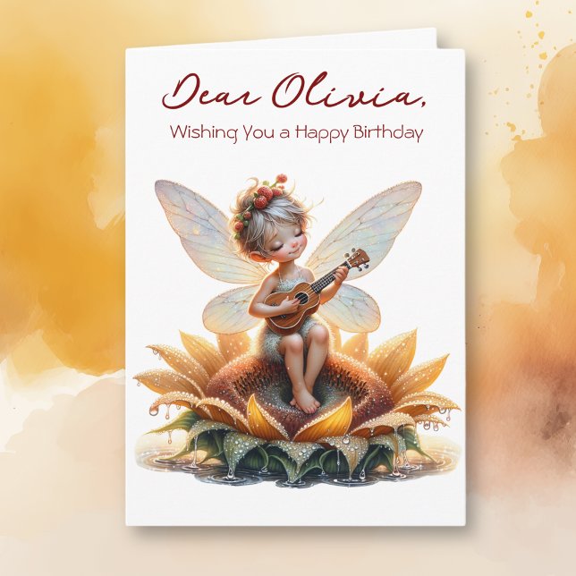Cute Anime Girl with Ukulele on Sunflower Birthday Card (Creator Uploaded)