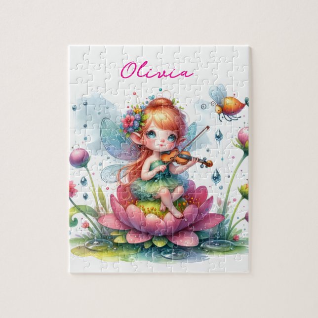 Cute Anime Girl with Violin on Lotus Flower Jigsaw Puzzle (Vertical)