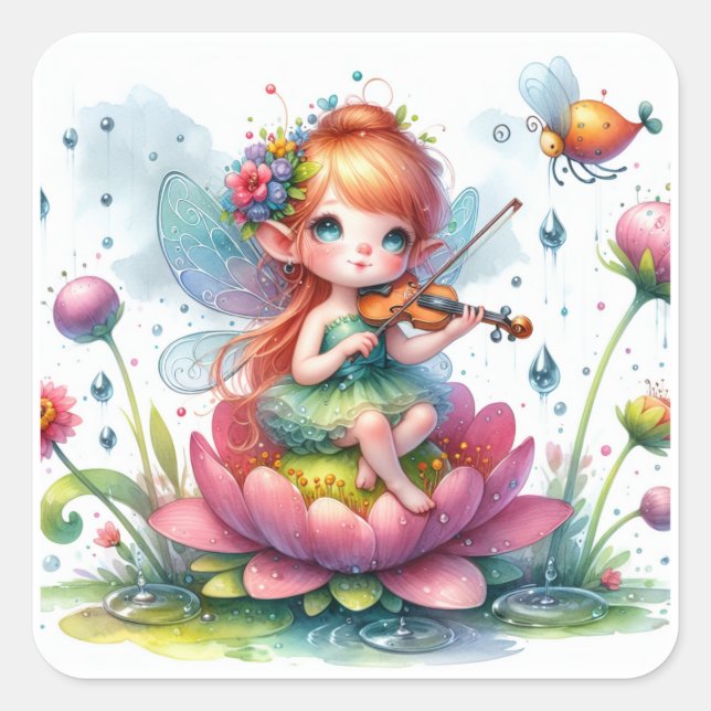 Cute Anime Girl with Violin on Lotus Flower Square Sticker (Front)