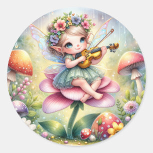 Cute Anime Girl with Violin on Mushroom Classic Round Sticker
